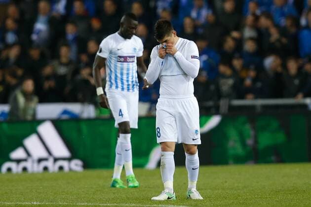Genk s players look dejected after the return leg of quarterfinals in the Europa League competition between Belgian soccer team RC Genk and Spanish team Celta Vigo, Thursday 20 April 2017, in Genk. First leg ended on a 2-3 result in Spain. BRUNOxFAHY  x05084210x