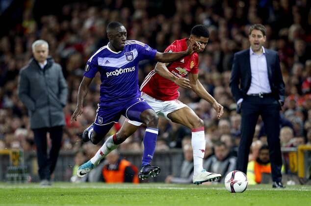 Marcus Rashford of Manchester United ManU takes on Frank Acheampong of Anderlecht during the UEFA Europa League Quarter Final 2nd Leg match at Old Trafford, Manchester. Picture date: April 20th, 2017. Pic credit should read: Matt McNulty Sportimage EDITORIAL USE ONLY. No use with unauthorised audio, video, data, fixture lists, club league logos or live services. Online in-match use limited to 120 images, no video emulation. No use in betting, games or single club league player publications.