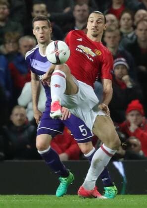 Anderlecht s Uros Spajic and Manchester s Zlatan Ibrahimovic fight for the ball during the return leg game of the quarterfinals of the Europa League competition between UK team Manchester United ManU and Belgian soccer team RSC Anderlecht in Manchester, UK, Thursday 20 April 2017. First leg ended on a draw result 1-1 in Belgium. VIRGINIExLEFOUR  x05084220x