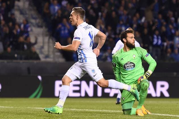 GENK, BELGIUM - APRIL 20 : Leandro Trossard forward of KRC Genk celebrates after scoring the 1-1 during the Europa League Quarter Finals 2nd leg game between KRC Genk and Celta De Vigo on April 20, 2017 in Genk, Belgium, 20 04 2017 FOOTBALL : KRC Genk vs Celta De Vigo - Europa League - 20 04 2017 PHOTONEWS PANORAMIC  700023042
