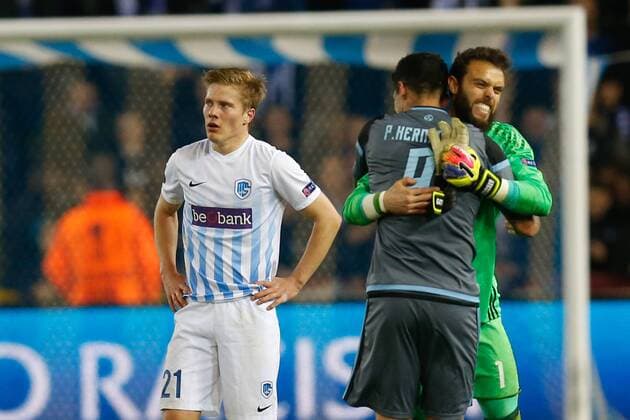 Genk s Jere Uronen looks dejected after the return leg of quarterfinals in the Europa League competition between Belgian soccer team RC Genk and Spanish team Celta Vigo, Thursday 20 April 2017, in Genk. First leg ended on a 2-3 result in Spain. BRUNOxFAHY  x05084229x