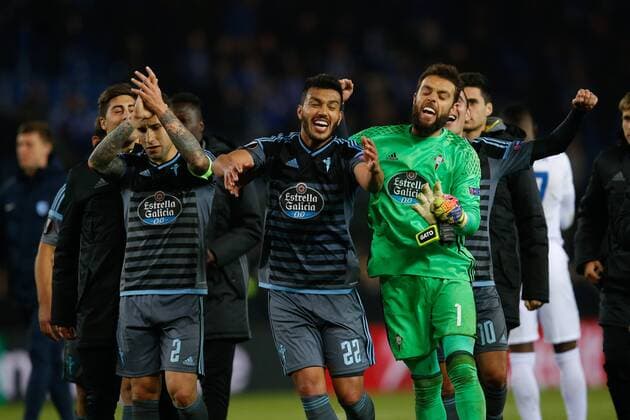 Celta s players celebrate after winning the return leg of quarterfinals in the Europa League competition between Belgian soccer team RC Genk and Spanish team Celta Vigo, Thursday 20 April 2017, in Genk. First leg ended on a 2-3 result in Spain. BRUNOxFAHY  x05084231x