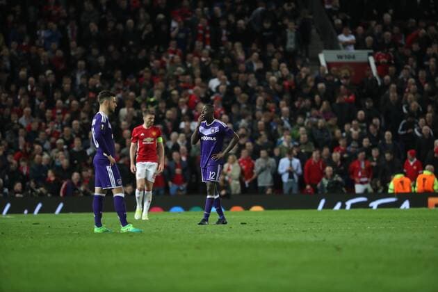 Anderlecht s players react during the return leg game of the quarterfinals of the Europa League competition between UK team Manchester United ManU and Belgian soccer team RSC Anderlecht in Manchester, UK, Thursday 20 April 2017. First leg ended on a draw result 1-1 in Belgium. VIRGINIExLEFOUR  x05084260x
