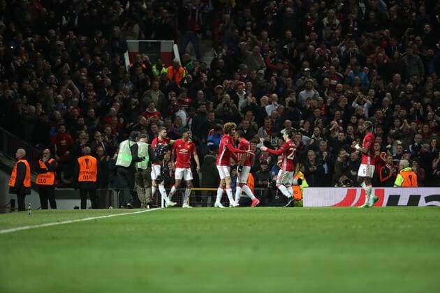 Manchester s players celebrate after scoring during the return leg game of the quarterfinals of the Europa League competition between UK team Manchester United ManU and Belgian soccer team RSC Anderlecht in Manchester, UK, Thursday 20 April 2017. First leg ended on a draw result 1-1 in Belgium. VIRGINIExLEFOUR  x05084262x