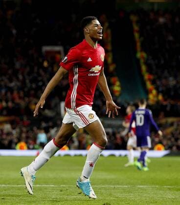 Marcus Rashford of Manchester United ManU celebrates after scoring his sides second goal during the UEFA Europa League Quarter Final 2nd Leg match at Old Trafford, Manchester. Picture date: April 20th, 2017. Pic credit should read: Matt McNulty Sportimage EDITORIAL USE ONLY. No use with unauthorised audio, video, data, fixture lists, club league logos or live services. Online in-match use limited to 120 images, no video emulation. No use in betting, games or single club league player publications.