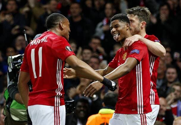 Marcus Rashford of Manchester United ManU celebrates after scoring his sides second goal during the UEFA Europa League Quarter Final 2nd Leg match at Old Trafford, Manchester. Picture date: April 20th, 2017. Pic credit should read: Matt McNulty Sportimage EDITORIAL USE ONLY. No use with unauthorised audio, video, data, fixture lists, club league logos or live services. Online in-match use limited to 120 images, no video emulation. No use in betting, games or single club league player publications.