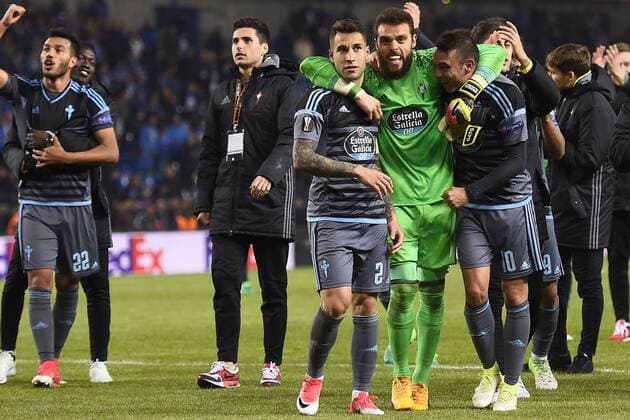 GENK, BELGIUM - APRIL 20 : Sergio Alvarez goalkeeper of Celta de Vigo RC, Mallo defender of Celta de Vigo RC and Iago Aspas forward of Celta de Vigo RC are celebrating after the Europa League Quarter Finals 2nd leg game between KRC Genk and Celta De Vigo on April 20, 2017 in Genk, Belgium, 20 04 2017 FOOTBALL : KRC Genk vs Celta De Vigo - Europa League - 20 04 2017 PHOTONEWS PANORAMIC  700023042