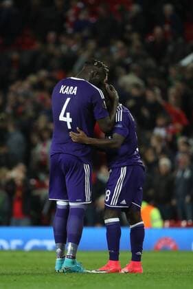 Anderlecht s Kara Mbodji and Anderlecht s Frank Acheampong pictured after the return leg game of the quarterfinals of the Europa League competition between UK team Manchester United ManU and Belgian soccer team RSC Anderlecht in Manchester, UK, Thursday 20 April 2017. First leg ended on a draw result 1-1 in Belgium. VIRGINIExLEFOUR  x05084286x