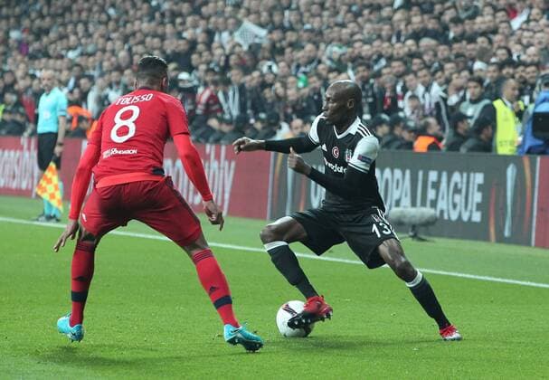 Besiktas player Atiba Hutchinson and Lyon Player Tolisco during the Europa league Quarter final second match between Besiktas and Lyon at the Vodafone Arena in Istanbul , Turkey April 20, 2017. 