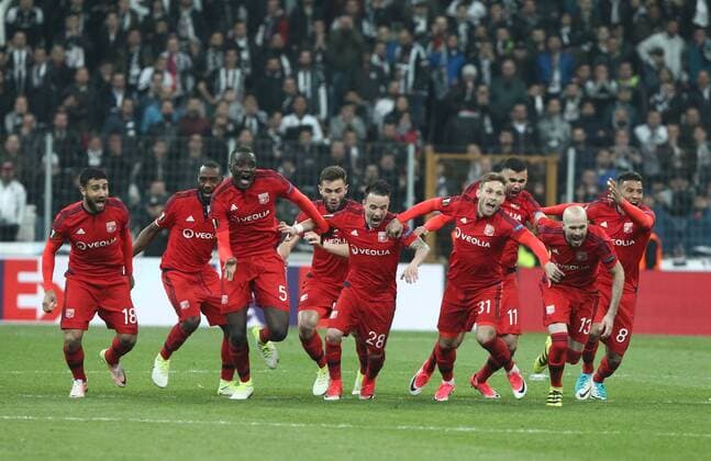 Lyon Players celebrates after the won the Europa league Quarter final second match between Besiktas and Lyon at the Vodafone Arena in Istanbul , Turkey April 20, 2017. 