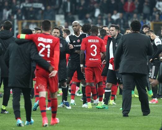 Lyon Players celebrates after the won the Europa league Quarter final second match between Besiktas and Lyon at the Vodafone Arena in Istanbul , Turkey April 20, 2017. 