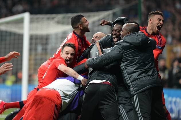 Lyon Players celebrates after the won the Europa league Quarter final second match between Besiktas and Lyon at the Vodafone Arena in Istanbul , Turkey April 20, 2017. 
