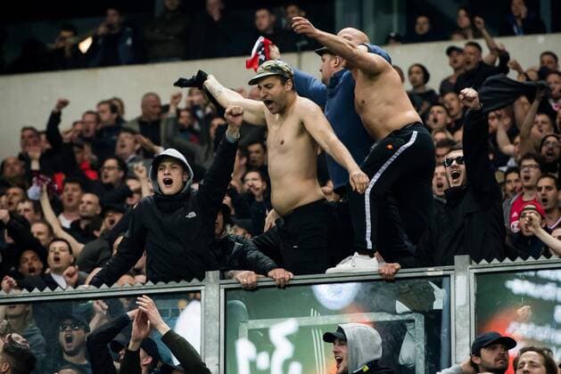 supporters of Ajaxduring the UEFA Europa League quarter final match between Schalke 04 and Ajax Amsterdam on April 20, 2017 at the Veltins-Arena in Gelsenkirchen, Germany. Schalke 04 v Ajax UEFA Europa League 2016 2017 xVIxRonaldxBonestrooxfotografiexIVx 7617629