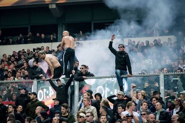 supporters of Ajaxduring the UEFA Europa League quarter final match between Schalke 04 and Ajax Amsterdam on April 20, 2017 at the Veltins-Arena in Gelsenkirchen, Germany. Schalke 04 v Ajax UEFA Europa League 2016 2017 xVIxRonaldxBonestrooxfotografiexIVx 7617634