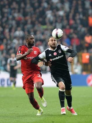 Lyon Player Nicolas Nkoulou and Besiktas player Cenk Tosun during the Europa league Quarter final second match between Besiktas and Lyon at the Vodafone Arena in Istanbul , Turkey April 20, 2017. 