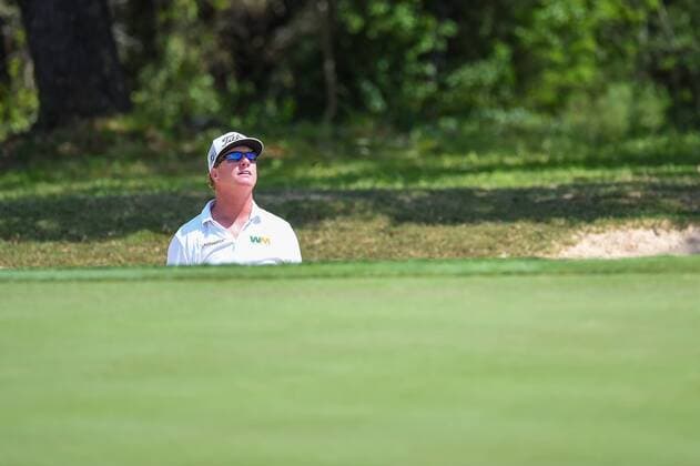 SAN ANTONIO, TX - APRIL 20: Charley Hoffman looks out of the bunker during the first round of the Valero Texas Open at the TPC San Antonio Oaks Course in San Antonio, TX on April 20, 2017. (Photo by Daniel Dunn Icon Sportswire) GOLF: APR 20 PGA Golf Herren - Valero Texas Open - First Round Icon17042030 EDITORIAL USE ONLY