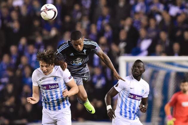 GENK, BELGIUM - APRIL 20 : Sander Boli Berge midfielder of KRC Genk and Claudio Beauvue midfielder of Celta de Vigo RC during the Europa League Quarter Finals 2nd leg game between KRC Genk and Celta De Vigo on April 20, 2017 in Genk, Belgium, 20 04 2017 FOOTBALL : KRC Genk vs Celta De Vigo - Europa League - 20 04 2017 PHOTONEWS PANORAMIC 