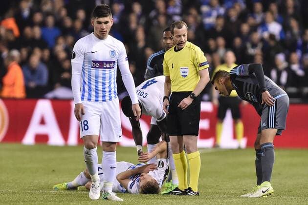 GENK, BELGIUM - APRIL 20 : Jere Uronen Juhani defender of KRC Genk has pain after a foul was made during the Europa League Quarter Finals 2nd leg game between KRC Genk and Celta De Vigo on April 20, 2017 in Genk, Belgium, 20 04 2017 FOOTBALL : KRC Genk vs Celta De Vigo - Europa League - 20 04 2017 PHOTONEWS PANORAMIC 