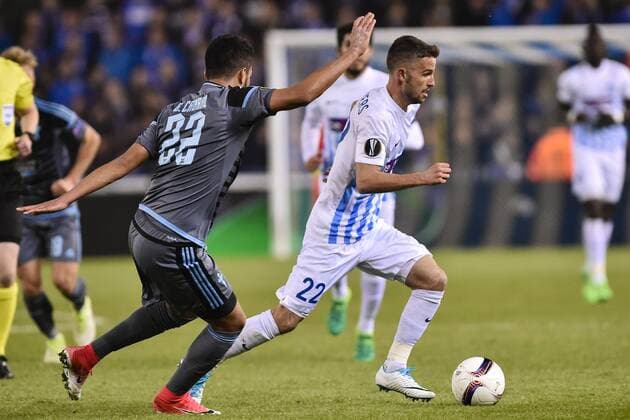 GENK, BELGIUM - APRIL 20 : Siebe Schrijvers forward of KRC Genk and Gustavo Cabral defender of Celta de Vigo RC during the Europa League Quarter Finals 2nd leg game between KRC Genk and Celta De Vigo on April 20, 2017 in Genk, Belgium, 20 04 2017 FOOTBALL : KRC Genk vs Celta De Vigo - Europa League - 20 04 2017 PHOTONEWS PANORAMIC 