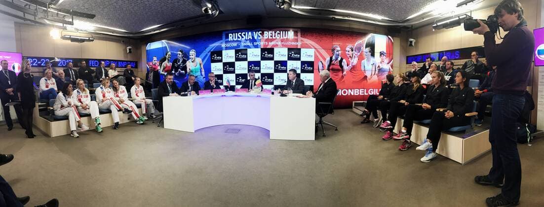 ATTENTION EDITORS - SMARTPHONE PICTURE - BEST QUALMITY AVAILABLE Russian players and Belgian players seen ahead of the drawing of this weekend s Fed Cup World Group Play Off between Russia and Belgium at the Small Sports Arena Luzhniki in Moscow, Russia, Friday 21 April 2017. BENOITxDOPPAGNE  x05084476x
