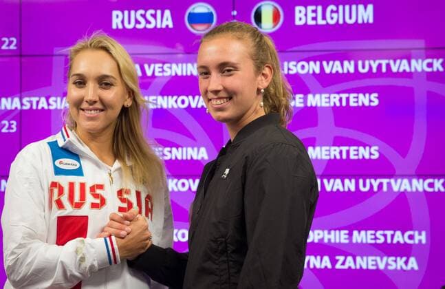 Russian Elena Vesnina and Belgian Elise Mertens pictured during the drawing of this weekend s Fed Cup World Group Play Off between Russia and Belgium at the Small Sports Arena Luzhniki in Moscow, Russia, Friday 21 April 2017. BENOITxDOPPAGNE  x05084479x