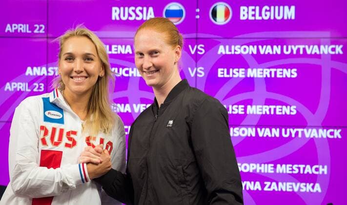 Russian Elena Vesnina and Belgian Alison Van Uytvanck pictured during the drawing of this weekend s Fed Cup World Group Play Off between Russia and Belgium at the Small Sports Arena Luzhniki in Moscow, Russia, Friday 21 April 2017. BENOITxDOPPAGNE  x05084477x