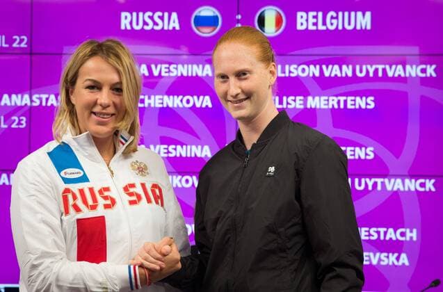 Russian Anastasia Pavlyuchenkova and Belgian Alison Van Uytvanck pictured during the drawing of this weekend s Fed Cup World Group Play Off between Russia and Belgium at the Small Sports Arena Luzhniki in Moscow, Russia, Friday 21 April 2017. BENOITxDOPPAGNE  x05084480x