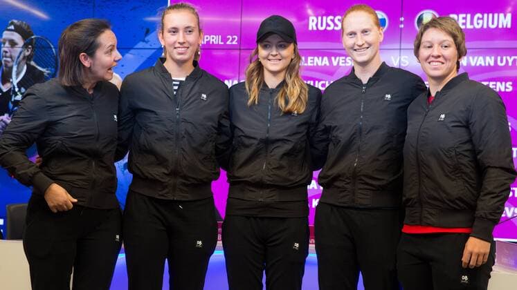 Belgian coach Dominique Monami, Belgian Elise Mertens, Belgian Maryna Zanevska , Belgian Alison Van Uytvanck and Belgian An-Sophie Mestach pictured during the drawing of this weekend s Fed Cup World Group Play Off between Russia and Belgium at the Small Sports Arena Luzhniki in Moscow, Russia, Friday 21 April 2017. BENOITxDOPPAGNE  x05084535x