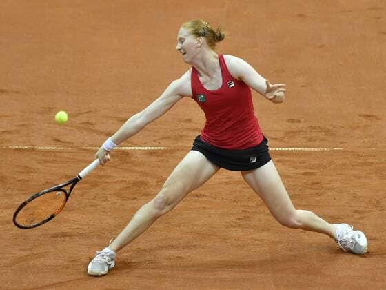 Belgian Alison Van Uytvanck pictured during the first game between Russian Elena Vesnina and Belgian Alison Van Uytvanck, in the Fed Cup World Group Play Off between Russia and Belgium, Saturday 22 April 2017, at the Small Sports Arena Luzhniki in Moscow, Russia. BENOITxDOPPAGNE  x05084990x