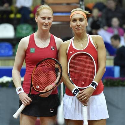 Belgian Alison Van Uytvanck and Russian Elena Vesnina pictured ahead of the first game between Russian Elena Vesnina and Belgian Alison Van Uytvanck, in the Fed Cup World Group Play Off between Russia and Belgium, Saturday 22 April 2017, at the Small Sports Arena Luzhniki in Moscow, Russia. BENOITxDOPPAGNE  x05084945x