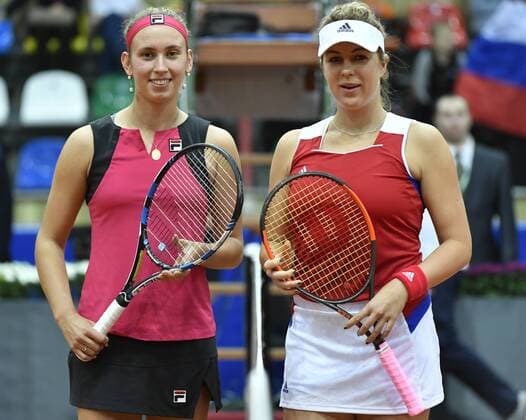 Belgian Elise Mertens and Russian Anastasia Pavlyuchenkova pictured ahead of the first game between Russian Anastasia Pavlyuchenkova and Belgian Elise Mertens, in the Fed Cup World Group Play Off between Russia and Belgium, Saturday 22 April 2017, at the Small Sports Arena Luzhniki in Moscow, Russia. BENOITxDOPPAGNE  x05085001x