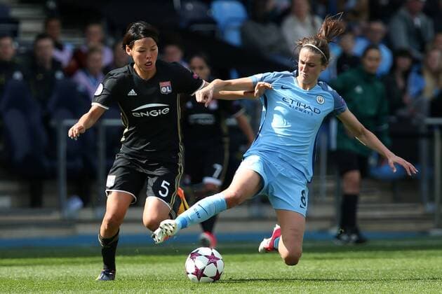 April 22nd 2017, Academy Stadium, Manchester, Lancashire England; Womens UEFA Champions League football semi-final, Manchester City Ladies versus Lyon Ladies; Saki Kumagai of Olympique Lyonnais is tackled by Jill Scott of Manchester City xDavidxBlunsdenx  ActionPlus11870612