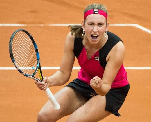 Belgian Elise Mertens celebrates after winning the second game between Russian Anastasia Pavlyuchenkova and Belgian Elise Mertens, in the Fed Cup World Group Play Off between Russia and Belgium, Saturday 22 April 2017, at the Small Sports Arena Luzhniki in Moscow, Russia. BENOITxDOPPAGNE  x05085027x