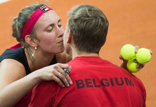 Belgian Elise Mertens kisses her boyfriend Robbe Ceyssens after winning the first game between Russian Elena Vesnina and Belgian Alison Van Uytvanck, in the Fed Cup World Group Play Off between Russia and Belgium, Saturday 22 April 2017, at the Small Sports Arena Luzhniki in Moscow, Russia. BENOITxDOPPAGNE  x05085048x