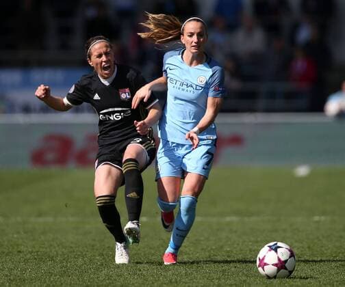 April 22nd 2017, Academy Stadium, Manchester, Lancashire England; Womens UEFA Champions League football semi-final, Manchester City Ladies versus Lyon Ladies; Camille Abily of Olympique Lyonnais cries out in pain as she is fouled by Jill Scott of Manchester City xDavidxBlunsdenx  ActionPlus11870709