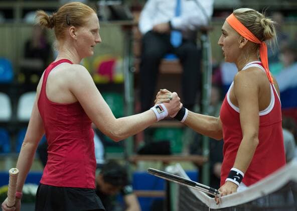 Belgian Alison Van Uytvanck and Russian Elena Vesnina pictured after the first game between Russian Elena Vesnina and Belgian Alison Van Uytvanck, in the Fed Cup World Group Play Off between Russia and Belgium, Saturday 22 April 2017, at the Small Sports Arena Luzhniki in Moscow, Russia. BENOITxDOPPAGNE  x05085165x