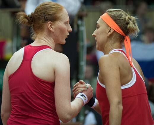 Belgian Alison Van Uytvanck and Russian Elena Vesnina pictured after the first game between Russian Elena Vesnina and Belgian Alison Van Uytvanck, in the Fed Cup World Group Play Off between Russia and Belgium, Saturday 22 April 2017, at the Small Sports Arena Luzhniki in Moscow, Russia. BENOITxDOPPAGNE  x05085167x