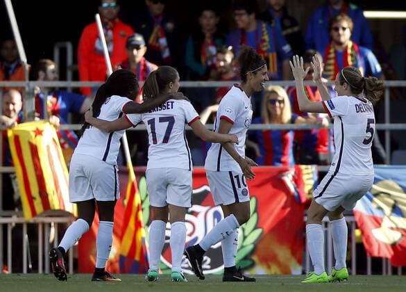 PSG s players Cristinae (2R), Aminata Diallo (L), Eve Perisset (2L), and Sabrina Delannoy (R) jubilate the second goal against FC Barcelona Barca during their women s UEFA Champions League semifinal match between FC Barcelona and Paris Saint Germain at the Miniestadi stadium in Barcelona, Catalonia, Spain, 22 April 2017. FC BARCELONA VS. PSG !ACHTUNG: NUR REDAKTIONELLE NUTZUNG!  Copyright: xAlbertoxEstévezx BCN991 20170422-636284869534379543