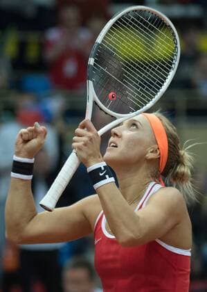 Russian Elena Vesnina celebrates after winning the first game between Russian Elena Vesnina and Belgian Alison Van Uytvanck, in the Fed Cup World Group Play Off between Russia and Belgium, Saturday 22 April 2017, at the Small Sports Arena Luzhniki in Moscow, Russia. BENOITxDOPPAGNE  x05085163x