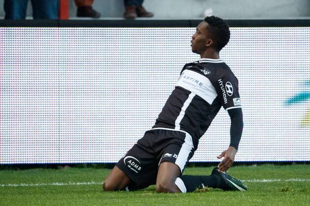 Eupen s Henry Chukwuemeka Onyekuru celebrates after scoring during the Jupiler Pro League match between KV Kortrijk and KAS Eupen, in Kortrijk, Saturday 22 April 2017, on day 4 of the Play-off 2B of the Belgian soccer championship. KURTxDESPLENTER  x05085210x