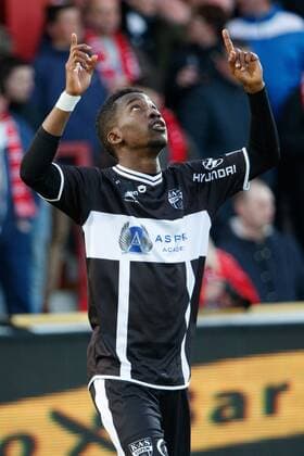 Eupen s Henry Chukwuemeka Onyekuru celebrates after scoring during the Jupiler Pro League match between KV Kortrijk and KAS Eupen, in Kortrijk, Saturday 22 April 2017, on day 4 of the Play-off 2B of the Belgian soccer championship. KURTxDESPLENTER  x05085213x