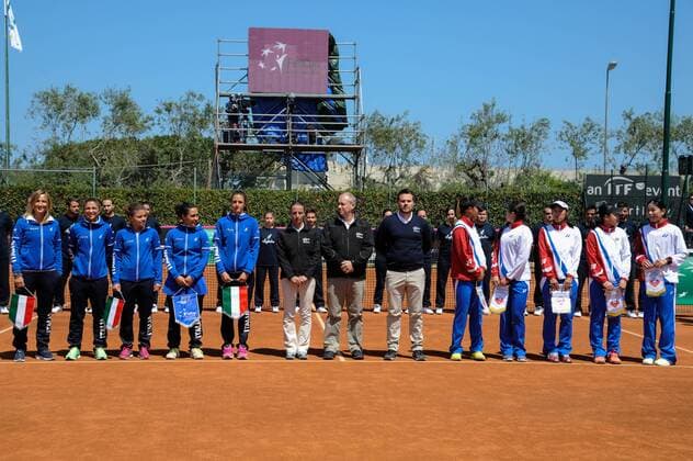 April 22nd Circolo Tennis Barletta, Barletta, Italy; Fed Cup tennis play-offs World Group II, Italy versus Chinese Taipei; The Italian Team and the Chinese Taipei Team. xGaetanoxPiazzollax  ActionPlus11871166