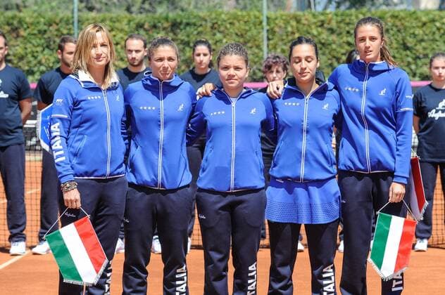 April 22nd Circolo Tennis Barletta, Barletta, Italy; Fed Cup tennis play-offs World Group II, Italy versus Chinese Taipei; The Italian Team. From left: captain Tathiana Garbin, Sara Errani, Jasmine Paolini, Martina Trevisan, Camilla Rosatello xGaetanoxPiazzollax  ActionPlus11871169
