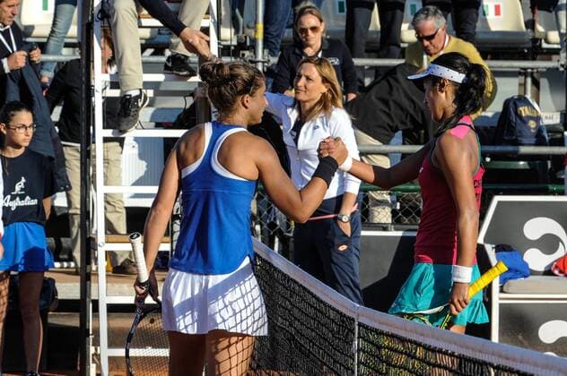 April 22nd Circolo Tennis Barletta, Barletta, Italy; Fed Cup tennis play-offs World Group II, Italy versus Chinese Taipei; Sara Errani and Chieh-Yu HSU shaking Hands. xGaetanoxPiazzollax  ActionPlus11871243