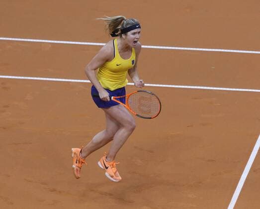 Tennis FedCup Deutschland-Ukraine 23.04.2017 Deutschland Tennis FedCup Deutschland -Ukraine Porsche-Arena Stuttgart: Foto Herbert Rudel Elina Svitolina ( Ukraine) jubelt über Sieg gegen Angelique Kerber.