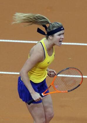 Tennis FedCup Deutschland-Ukraine 23.04.2017 Deutschland Tennis FedCup Deutschland -Ukraine Porsche-Arena Stuttgart: Foto Herbert Rudel Elina Svitolina ( Ukraine) jubelt über Sieg gegen Angelique Kerber.