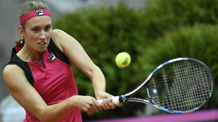 Belgian Elise Mertens plays the third game between Russian Elena Vesnina and Belgian Elise Mertens, in the Fed Cup World Group Play Off between Russia and Belgium, Sunday 23 April 2017, at the Small Sports Arena Luzhniki in Moscow, Russia. BENOITxDOPPAGNE  x05085799x