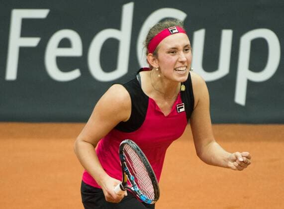 Belgian Elise Mertens celebrates after winning the third game between Russian Elena Vesnina and Belgian Elise Mertens, in the Fed Cup World Group Play Off between Russia and Belgium, Sunday 23 April 2017, at the Small Sports Arena Luzhniki in Moscow, Russia. BENOITxDOPPAGNE  x05085926x