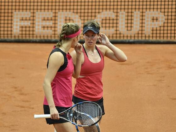 Belgian Elise Mertens and Belgian An-Sophie Mestach pictured during the fifth and last game, the double, between Russian pair Anna Blinkova and Daria Kasatkina and Belgian pair An-Sophie Mestach and Elise Mertens, in the Fed Cup World Group Play Off between Russia and Belgium, Sunday 23 April 2017, at the Small Sports Arena Luzhniki in Moscow, Russia. BENOITxDOPPAGNE  x05086229x