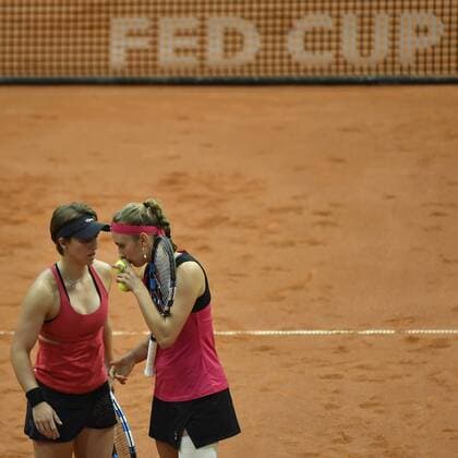 Belgian An-Sophie Mestach and Belgian Elise Mertens pictured during the fifth and last game, the double, between Russian pair Anna Blinkova and Daria Kasatkina and Belgian pair An-Sophie Mestach and Elise Mertens, in the Fed Cup World Group Play Off between Russia and Belgium, Sunday 23 April 2017, at the Small Sports Arena Luzhniki in Moscow, Russia. BENOITxDOPPAGNE  x05086300x